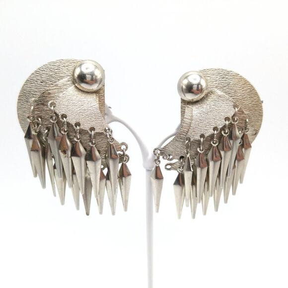 Vintage Southwestern Style Silver Tone Tassel Clip Earrings, 2 Inches - Picture 2 of 10